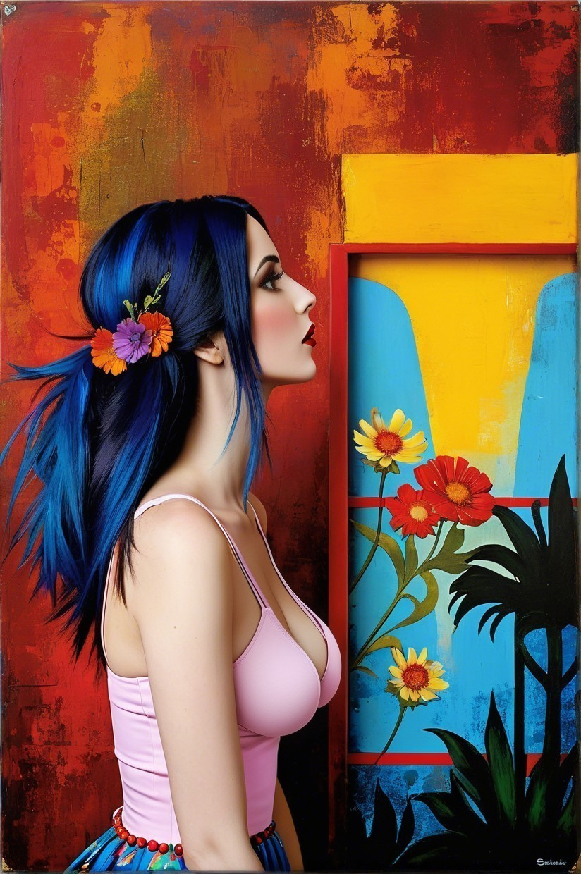 Woman with Blue Hair and Floral Background Art