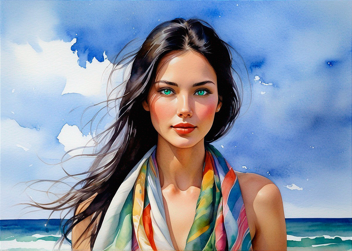Watercolor Portrait of a Young Woman with Nature Elements