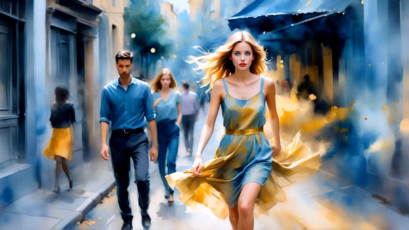 Vibrant city scene with a woman in a flowing dress