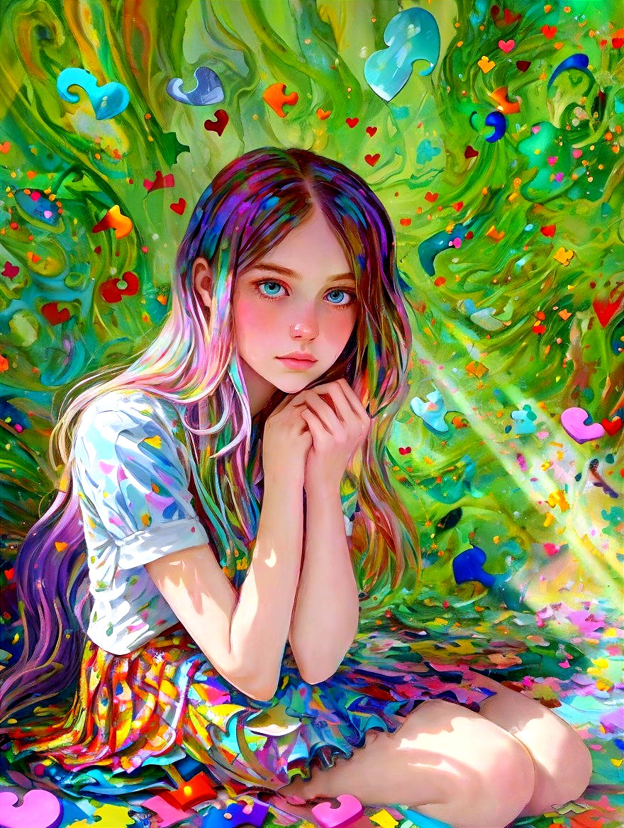 Young girl with multicolored hair in vibrant backdrop