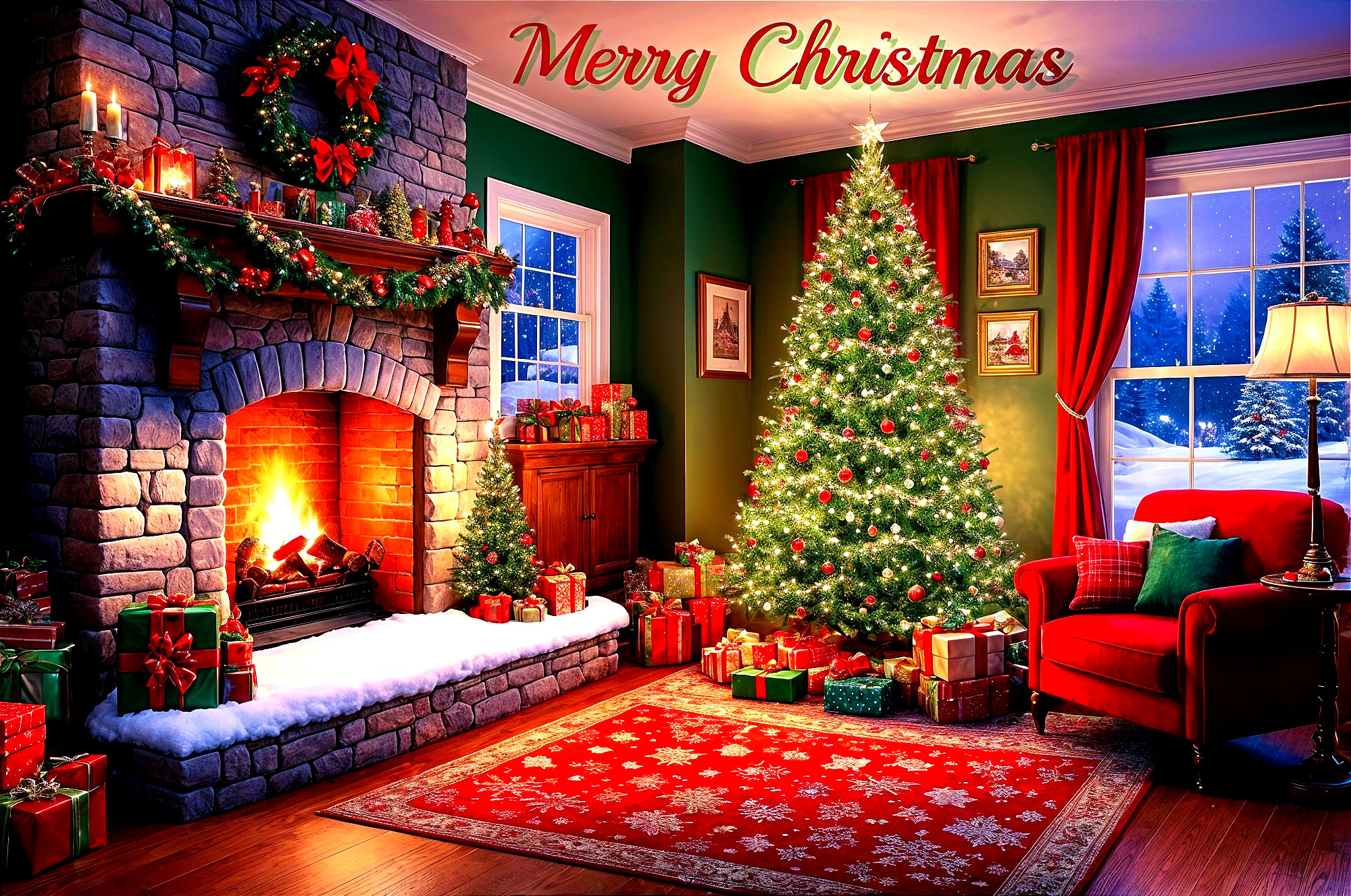 Warmly Lit Christmas Scene with Decorated Evergreen Tree
