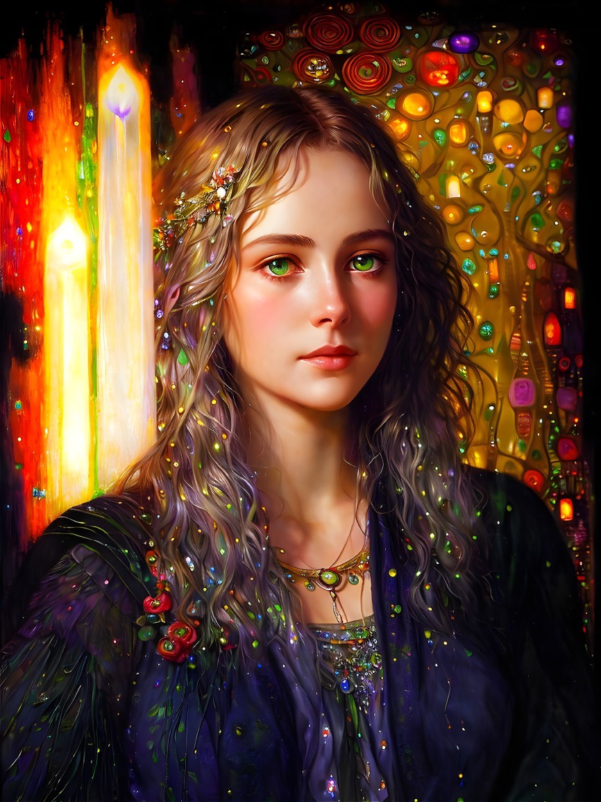 Digital Painting of Woman with Green Eyes and Jewels
