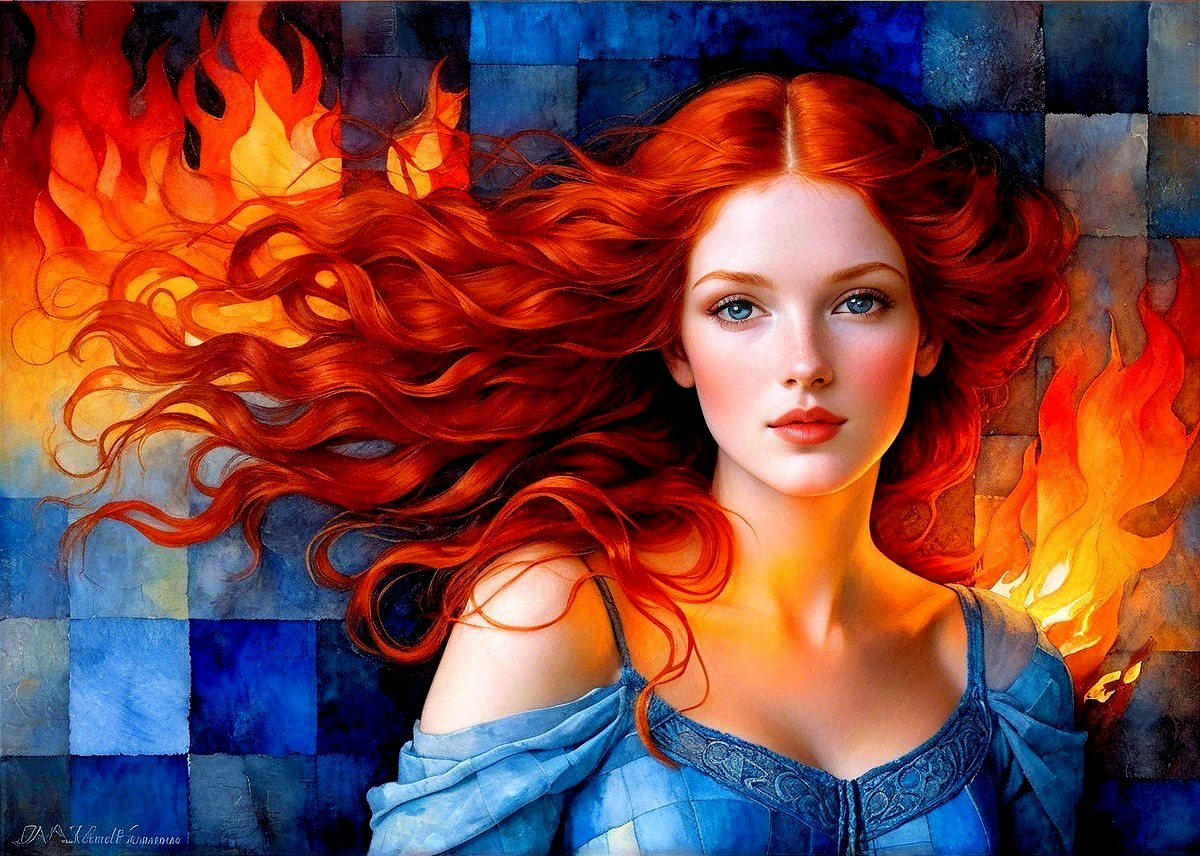 Young woman with red hair in flames and blue gown