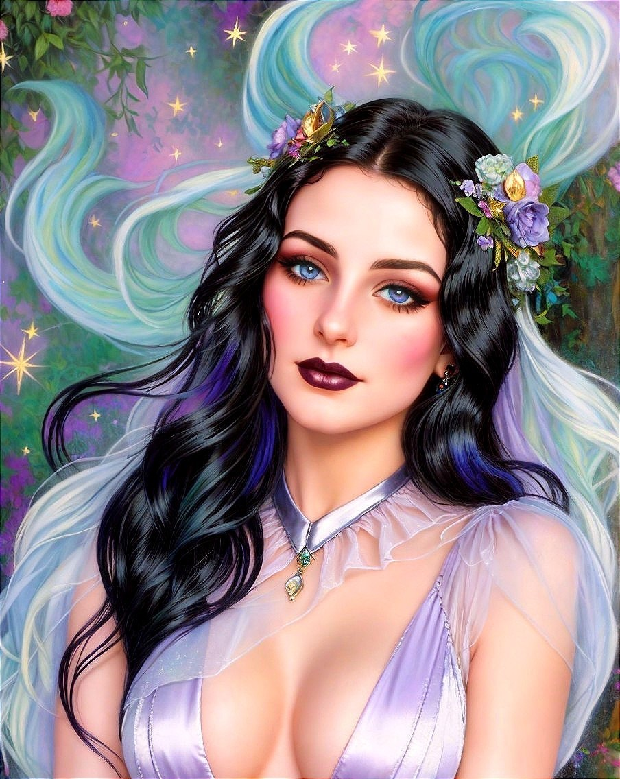 Woman in Lavender Gown with Black and Purple Hair