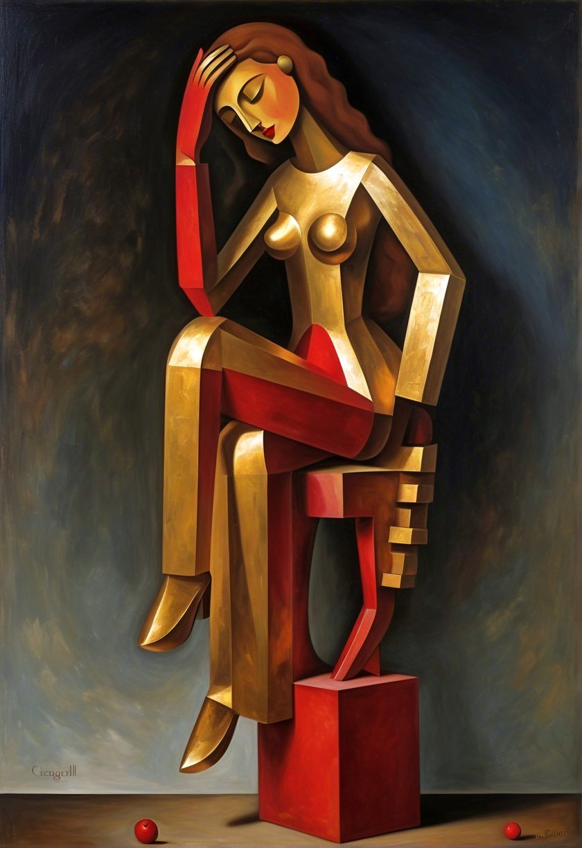 Stylized Female Figure in Geometric Golden Palette