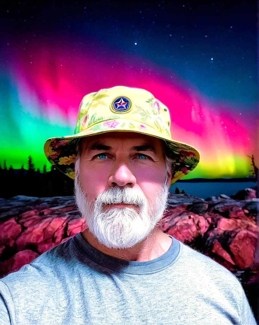 Man with Gray Beard in Floral Hat Against Northern Lights