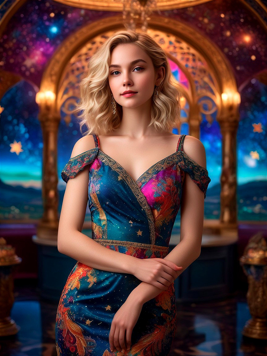 Elegant Young Woman in Ornate Venue with Dress