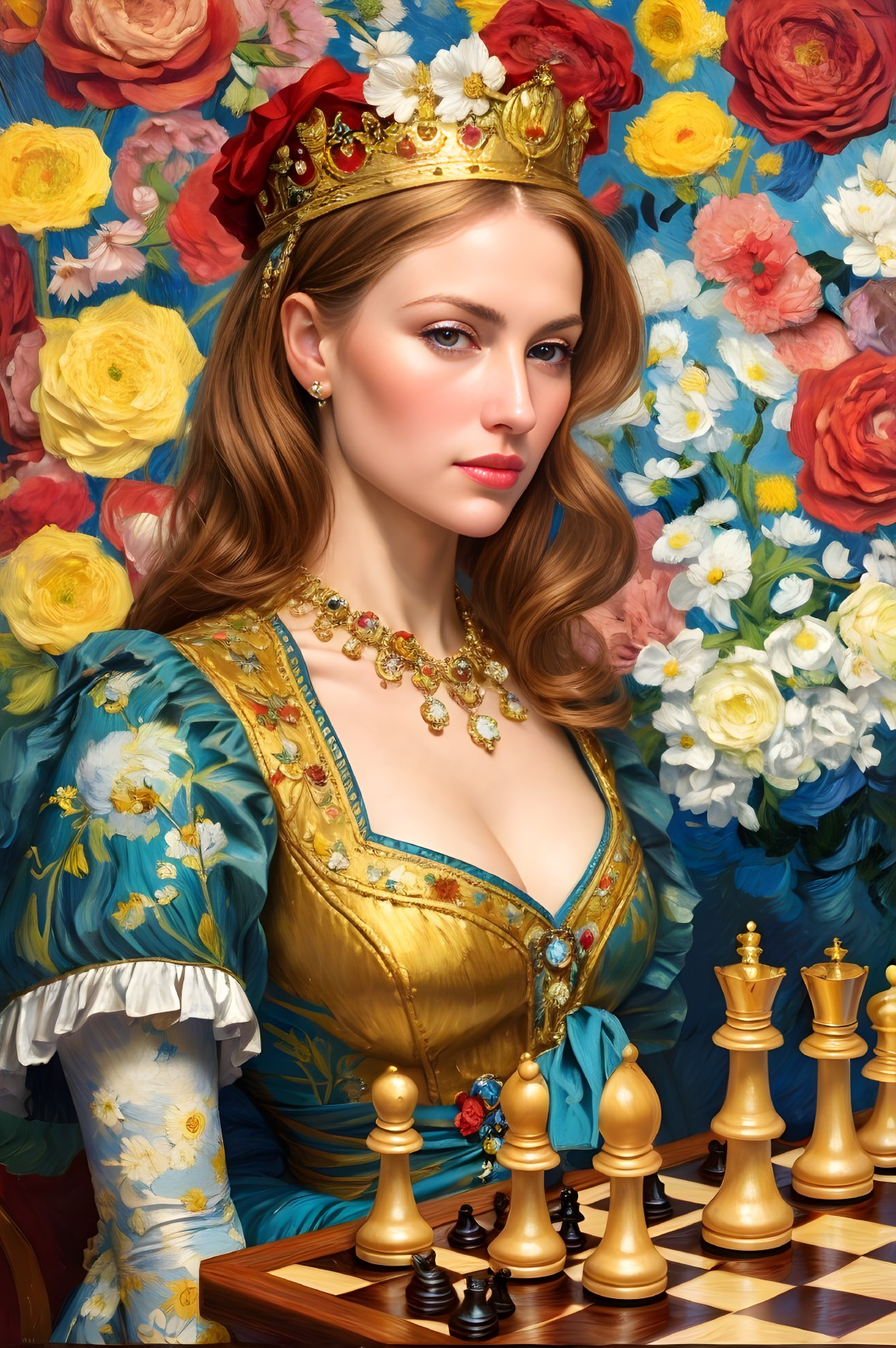 Regal woman with crown posing by chessboard and vibrant flower tapestry