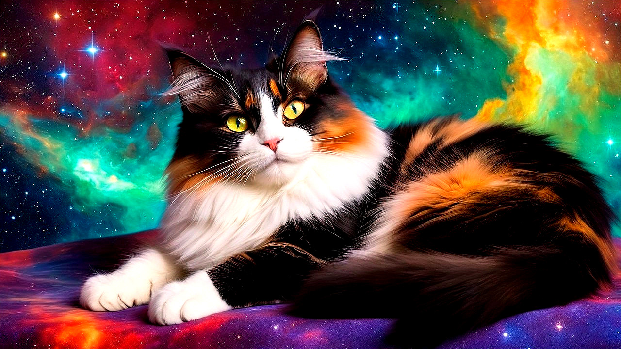 Calico Cat Against Colorful Cosmic Background