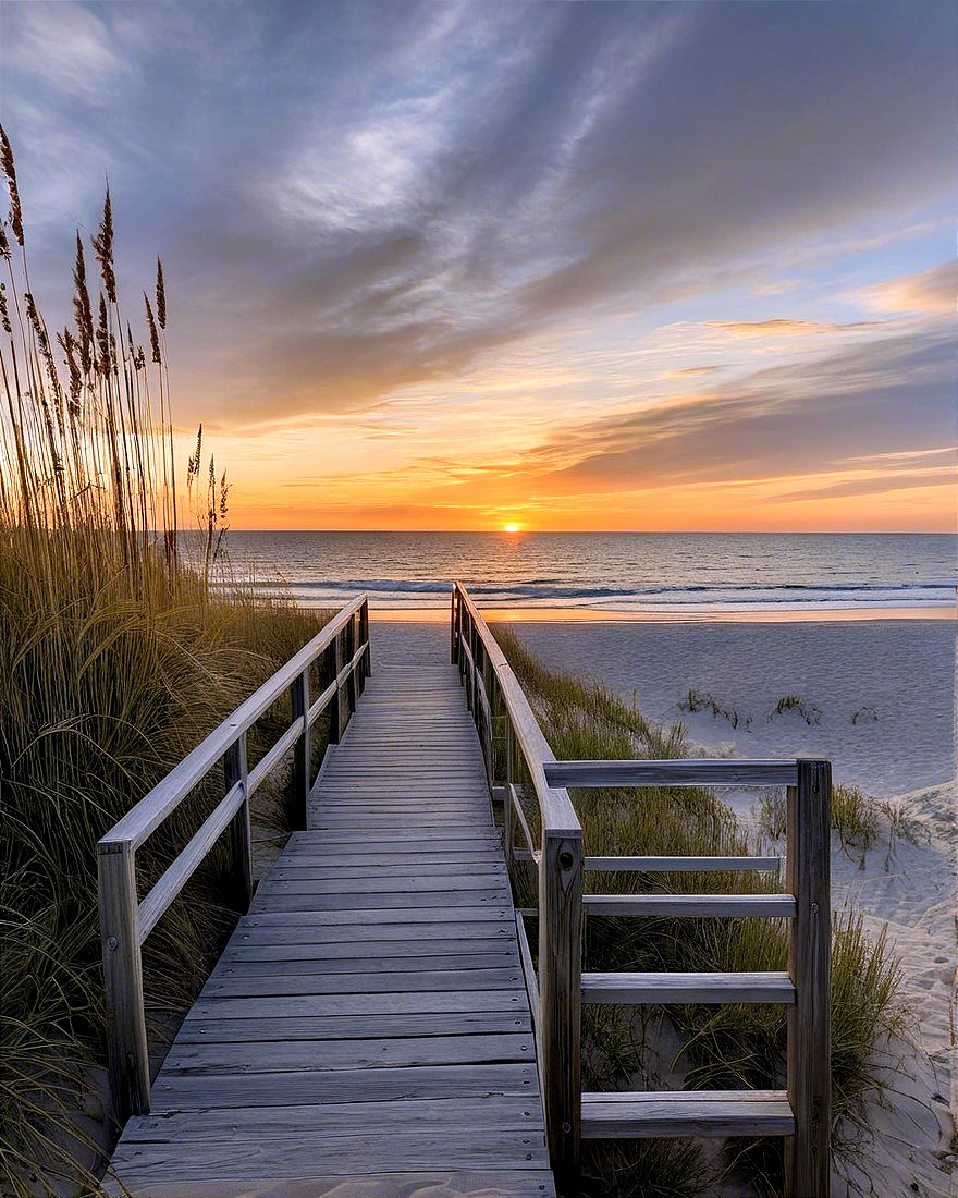 Serene beach scene with sunset and wooden walkway