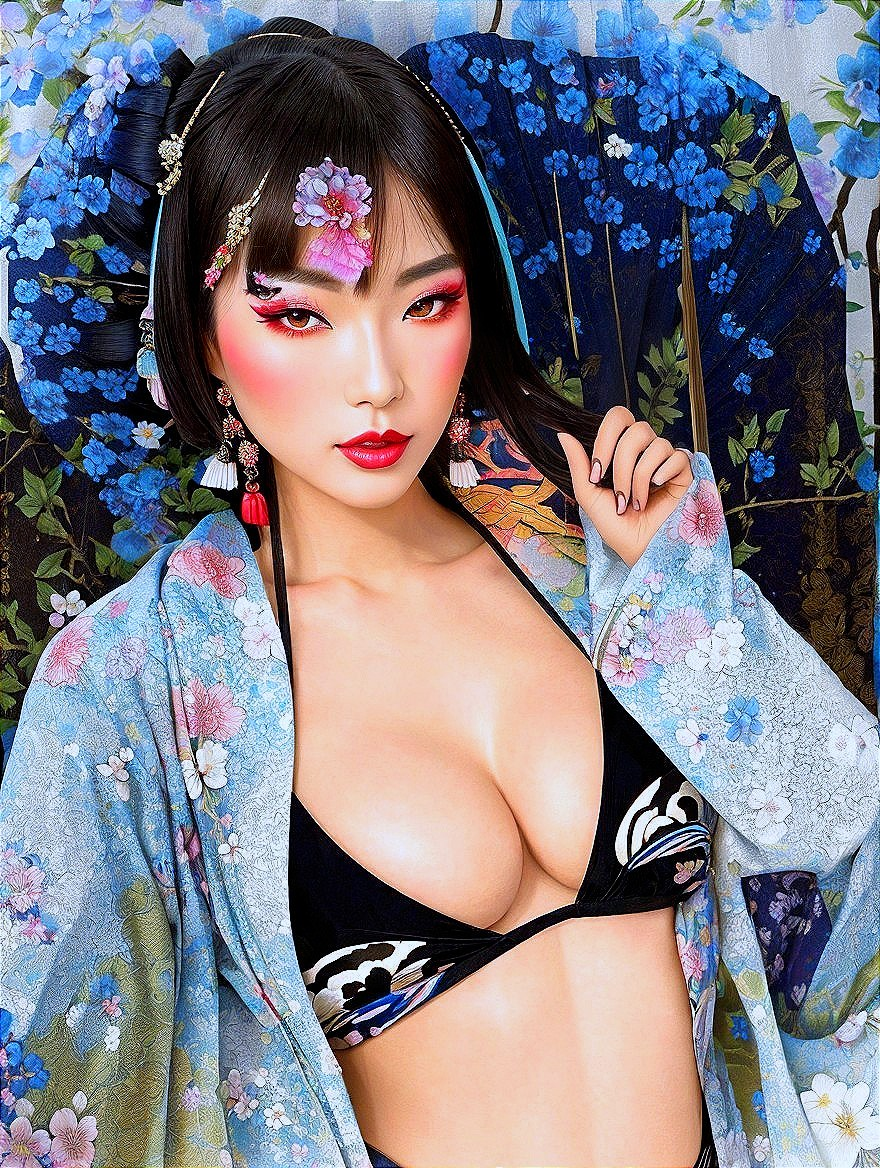 Young Woman in Floral Kimono with Bold Makeup