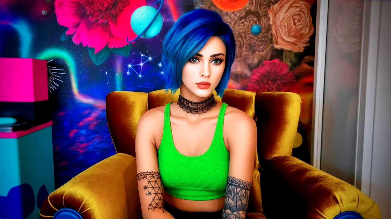 Young woman with blue hair in yellow armchair