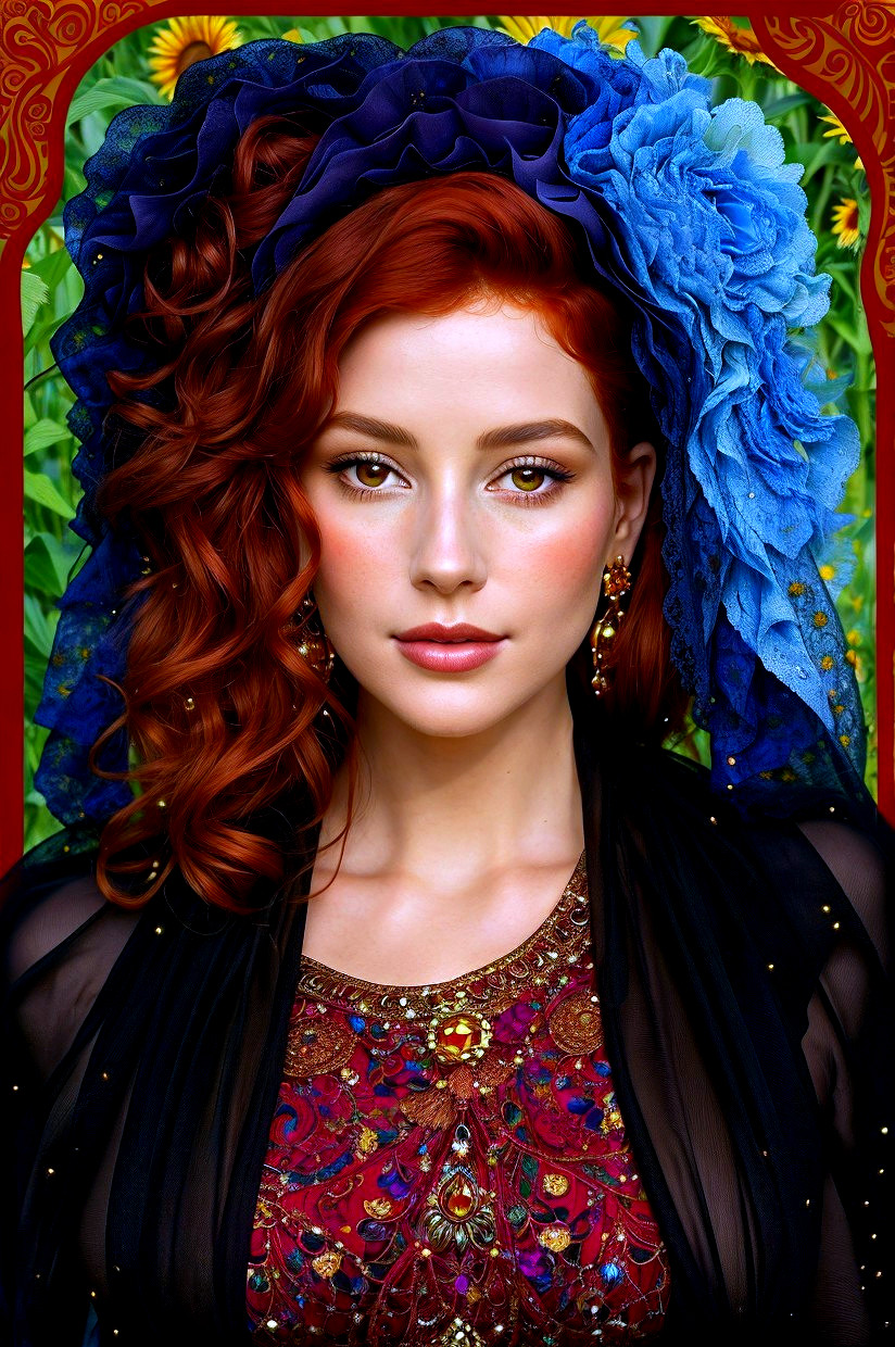 Portrait of a woman with red hair and floral headpiece