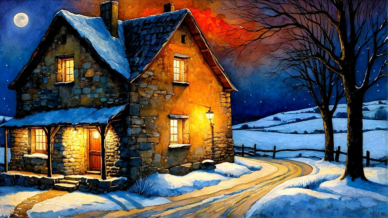 Cozy Stone Cottage in Snowy Winter Landscape