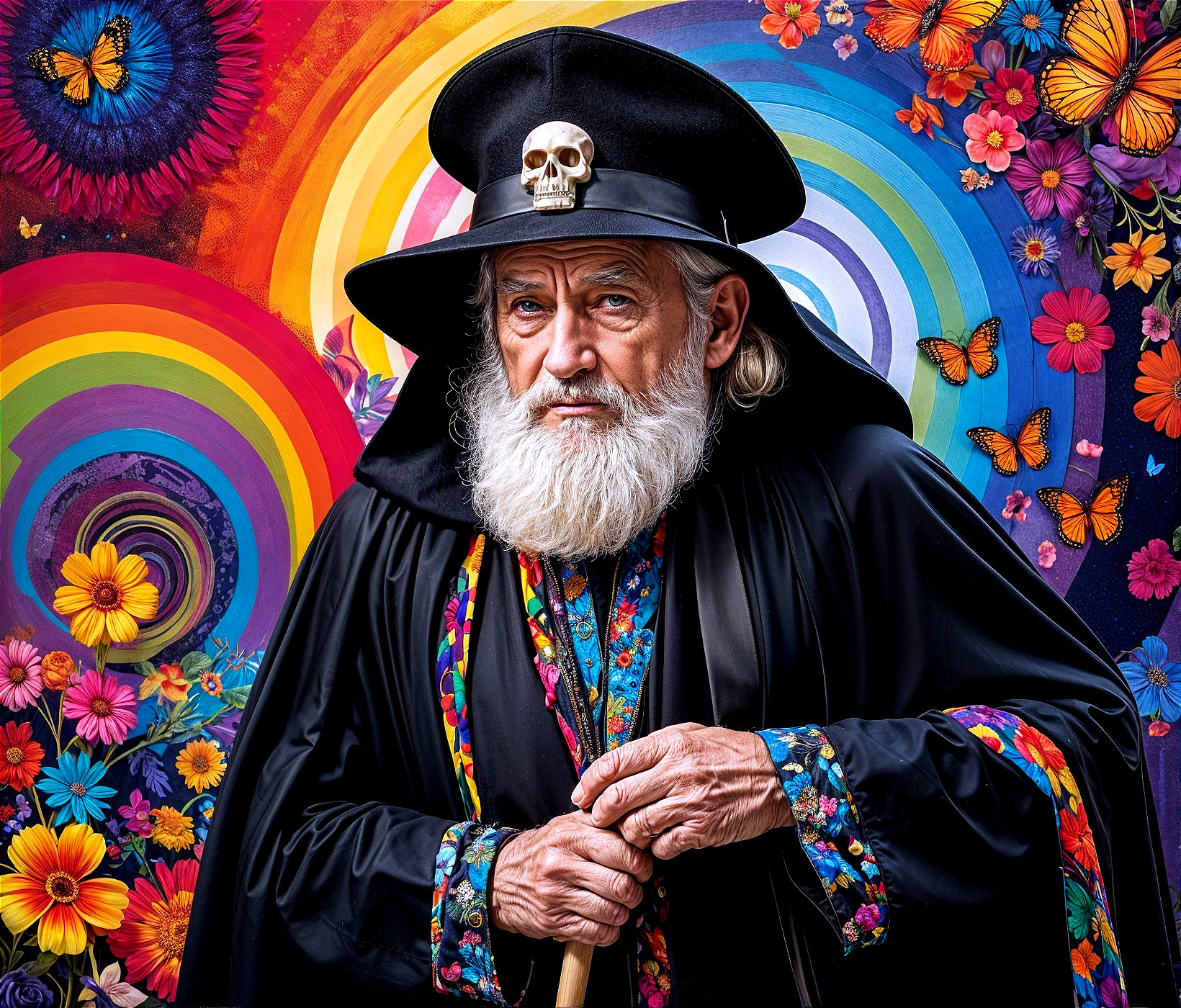 Elderly Man in Black Robe Against Colorful Background