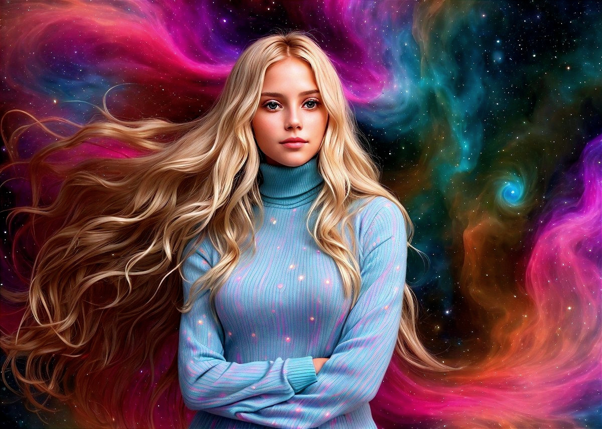 Young woman in blue sweater against cosmic background