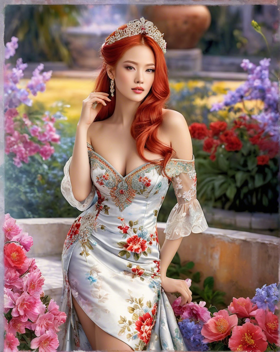 Elegant Figure in Floral Gown in Vibrant Garden