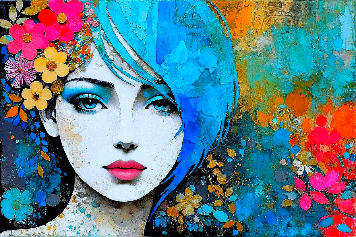 Stylized Woman with Blue Hair Surrounded by Flowers