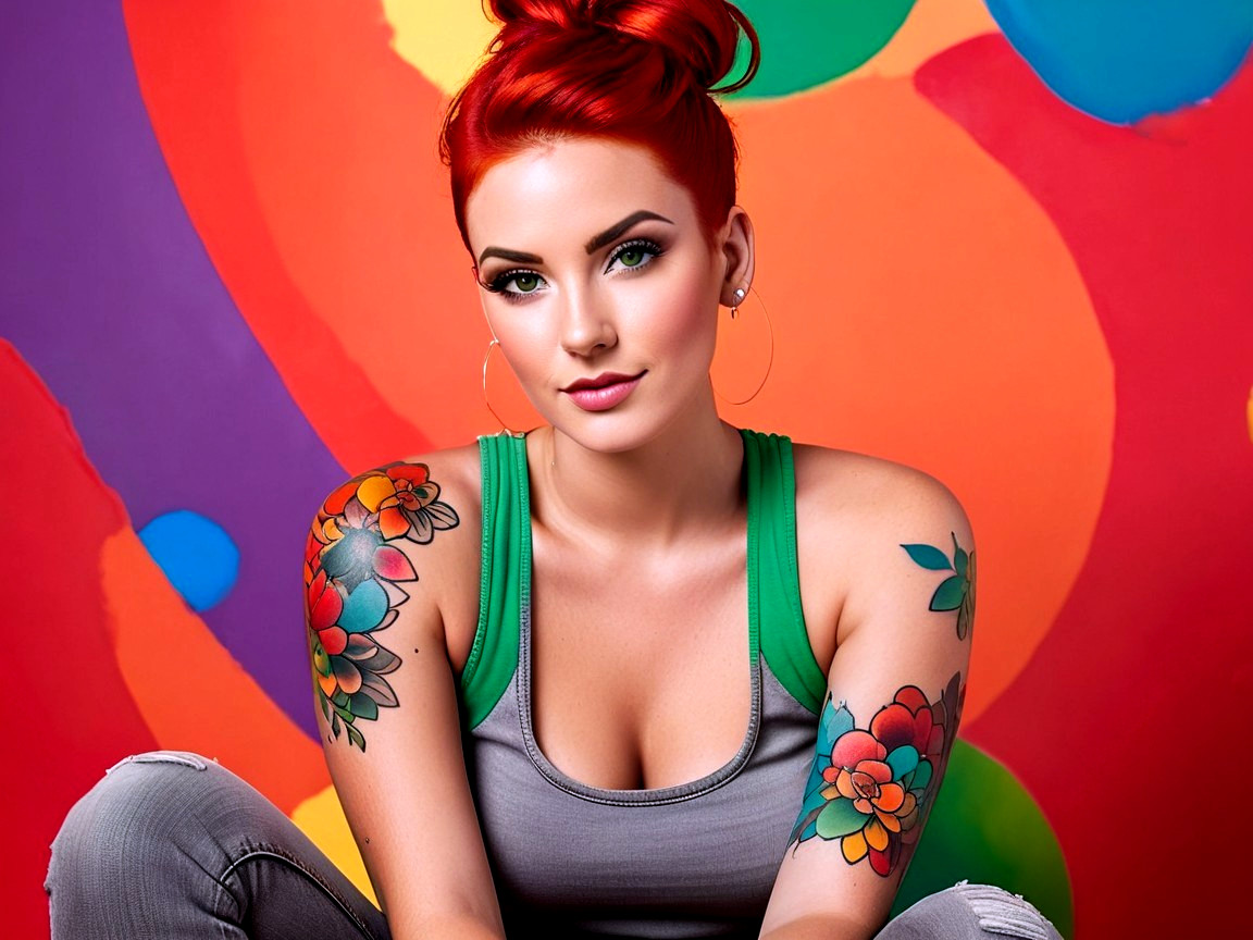 Young woman with red hair and floral tattoos in art setting