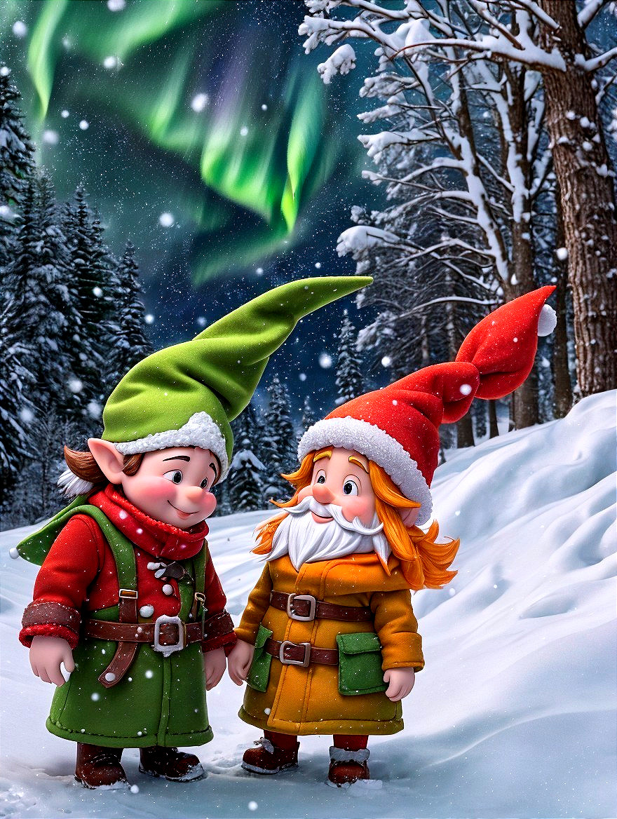 Cheerful Gnomes in Snowy Landscape with Auroras