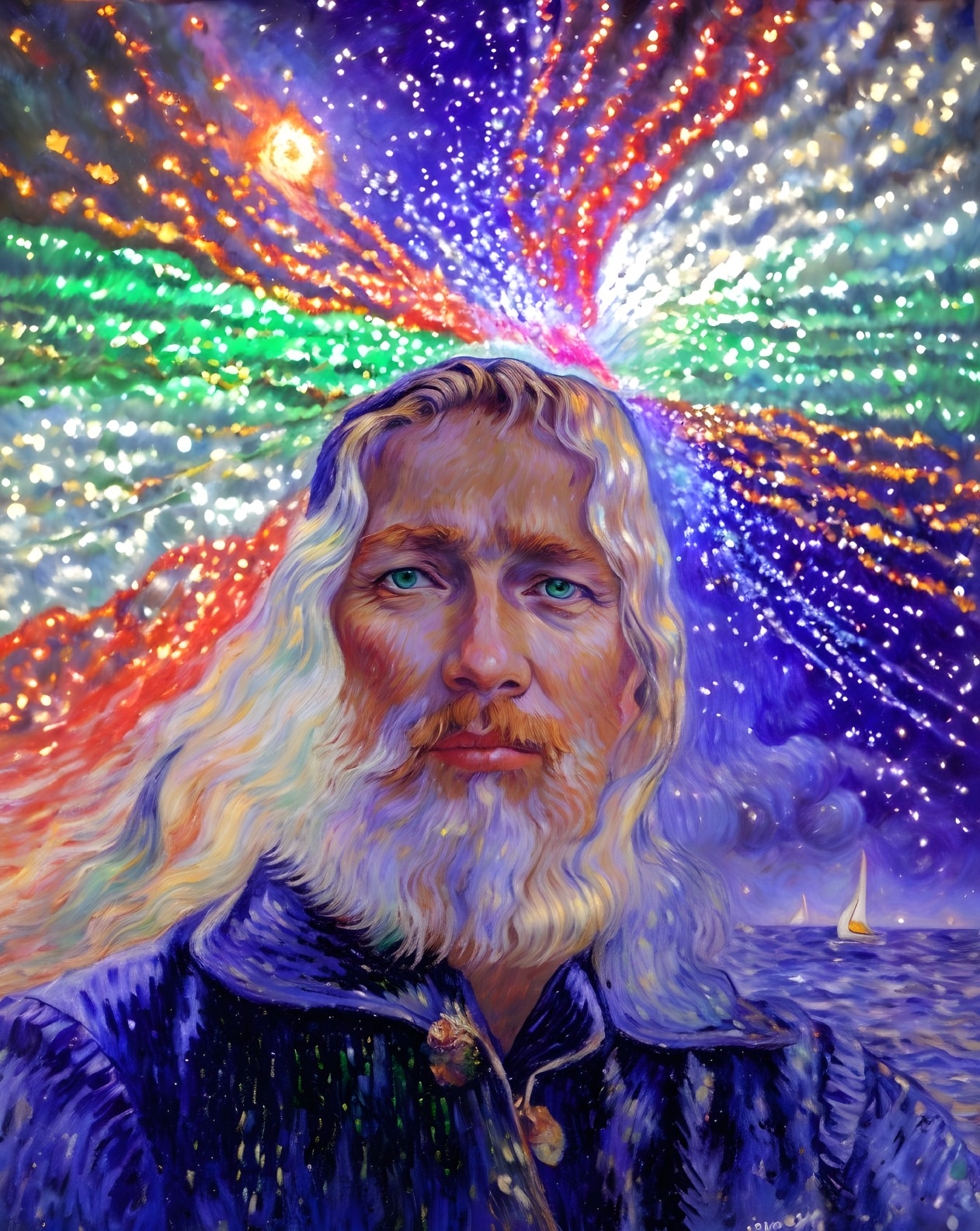 Blue-eyed man in blue robe against cosmic backdrop with sailing ship hint