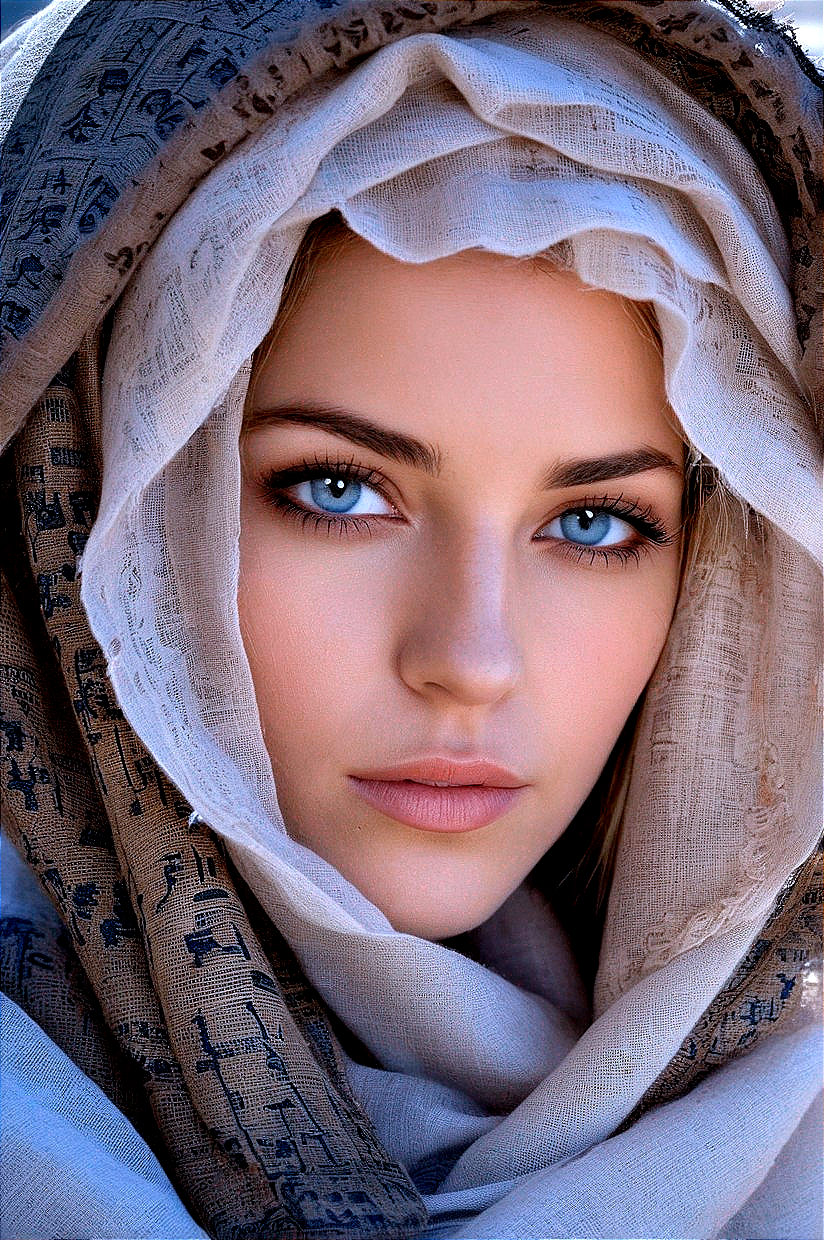 Young woman with blue eyes and patterned scarf