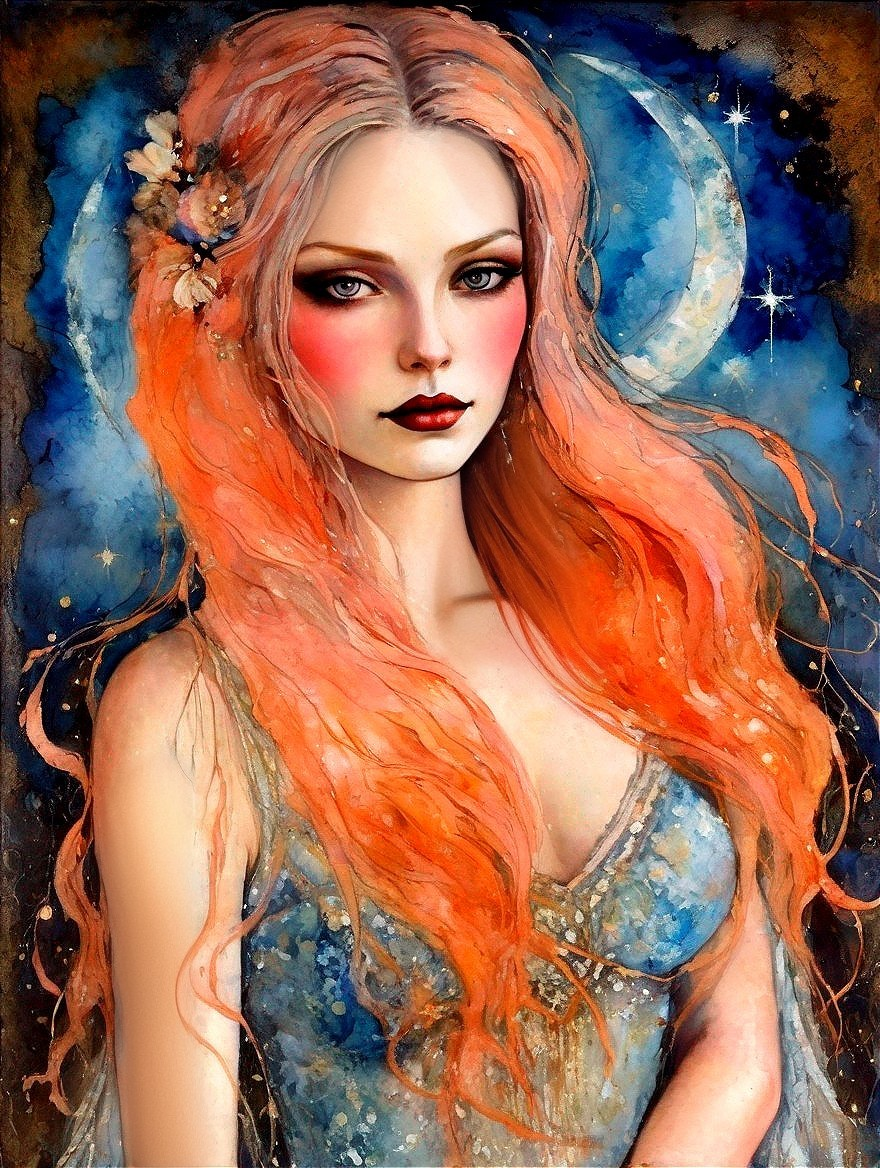 Portrait of a Woman with Orange Hair and Celestial Background