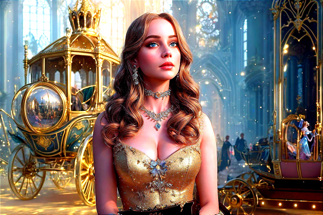 Woman in Golden Dress in Ornate Grand Hall