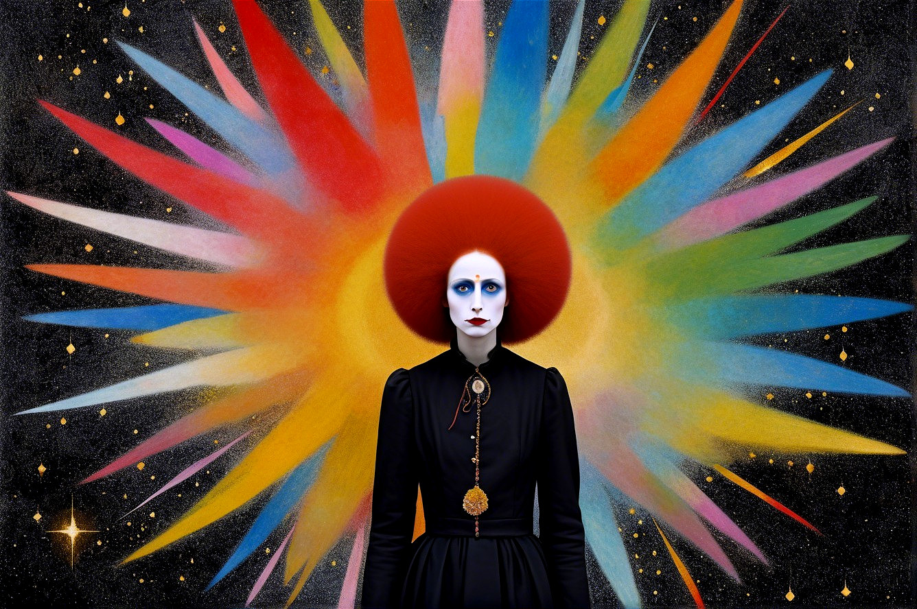 Vibrant Painting of Woman in Black Gown with Sunburst