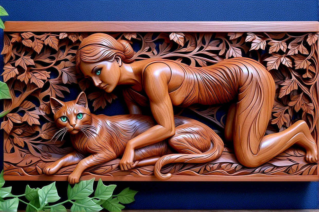 Wooden Relief of Woman and Cat with Intricate Details