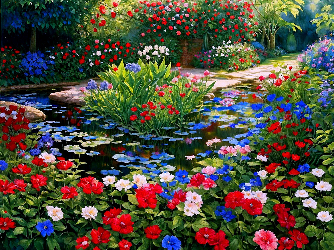 Vibrant Garden Scene with Colorful Flowers and Pond