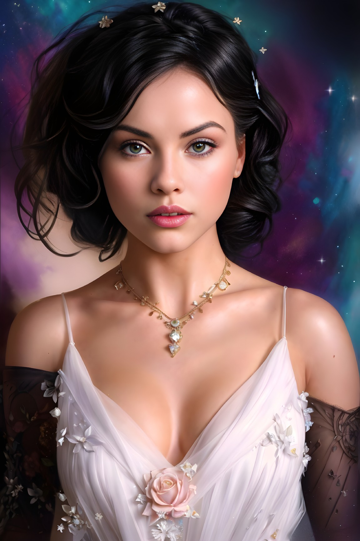 Dark-haired woman with floral adornments in white dress against cosmic backdrop