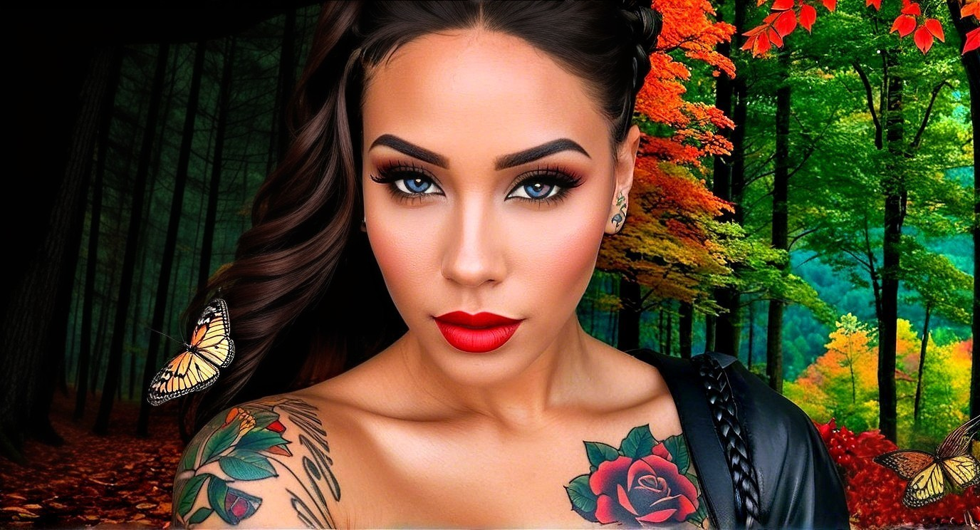 Woman with Dark Hair and Tattoos in Autumn Forest