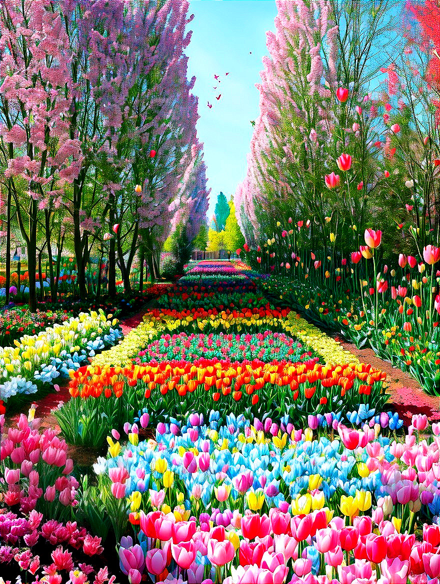 Vibrant Spring Garden with Blooming Flowers and Trees