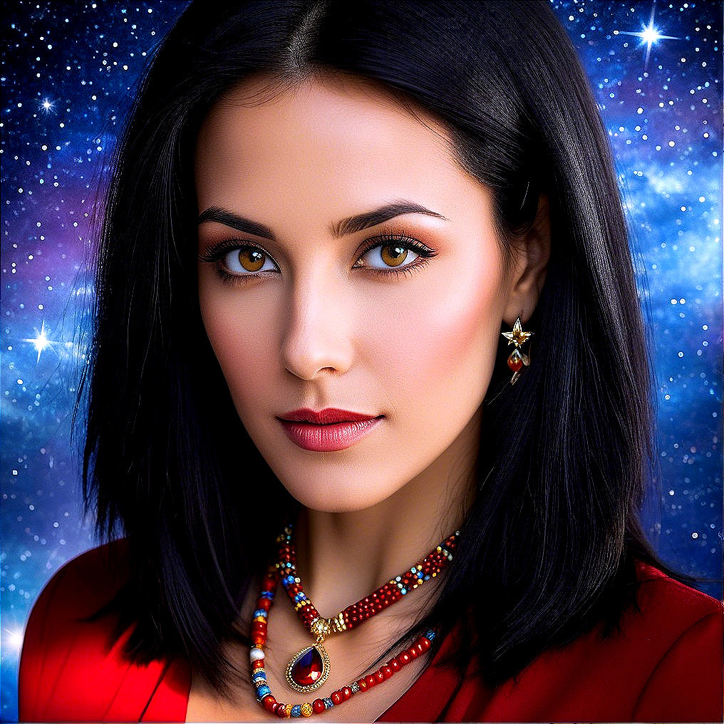 Portrait of a woman with cosmic backdrop and jewelry