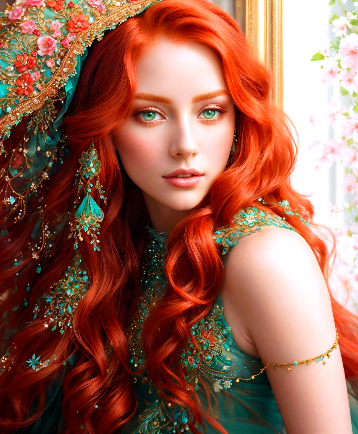 Vibrant red-haired woman in teal dress with gold embroidery