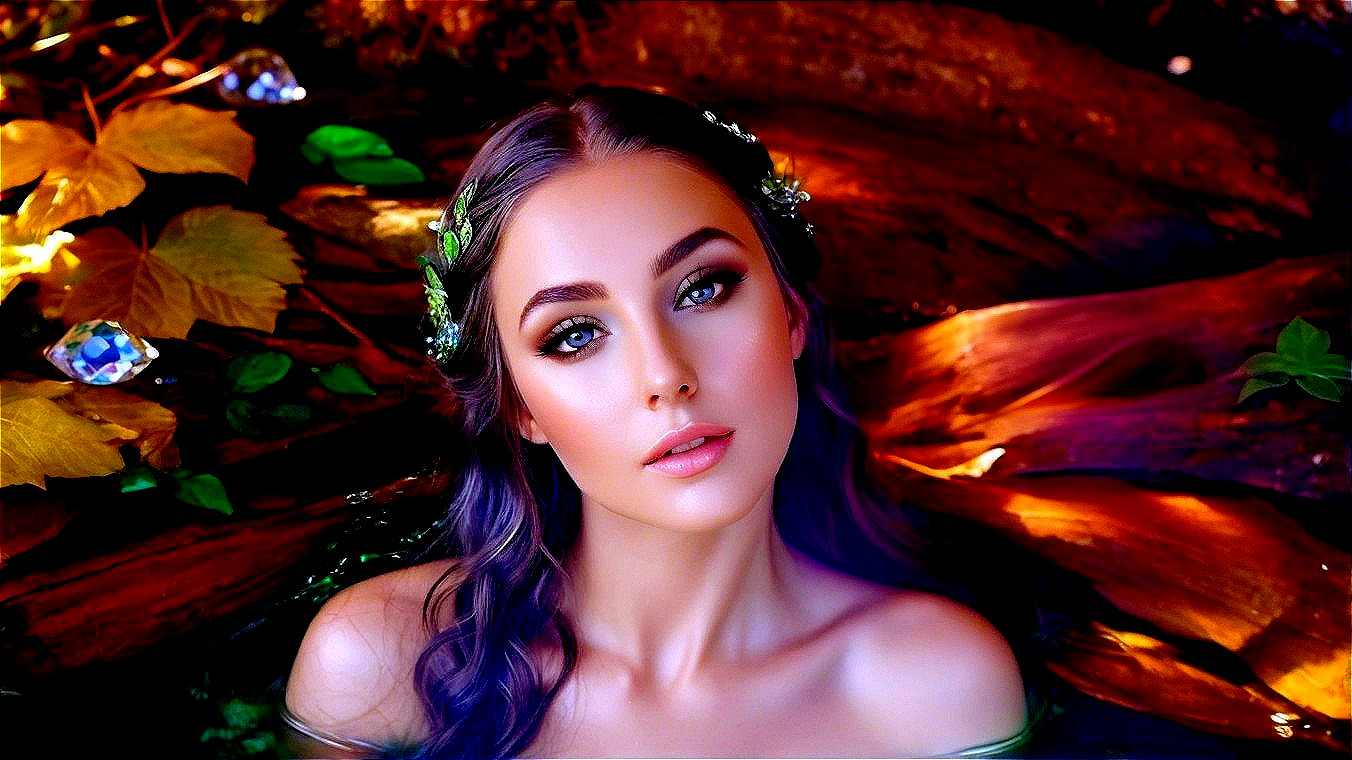 Young Woman in Water Surrounded by Autumn Leaves