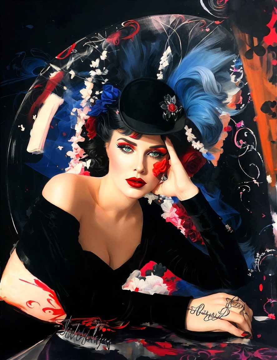 Glamorous Woman in Black Outfit with Floral Accents