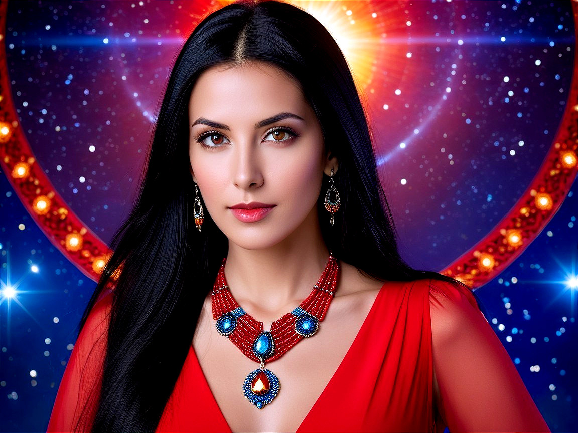 Portrait of a woman in red dress with cosmic background