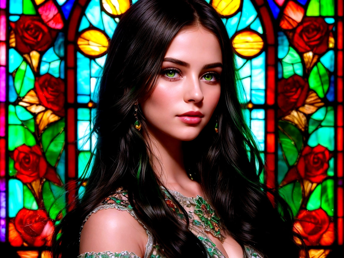 Woman with Dark Hair and Green Eyes in Stained Glass