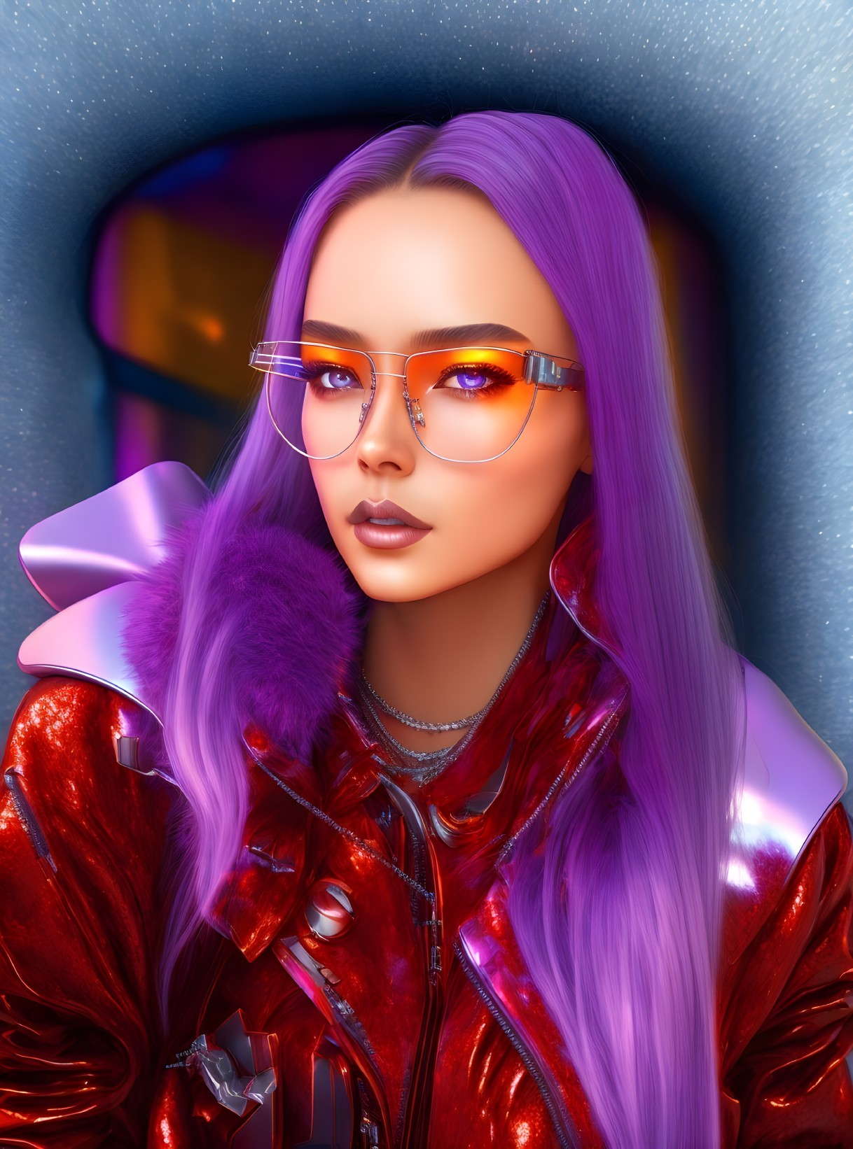 Digital artwork: Woman with purple hair, orange glasses, red jacket, purple fur collar on blue background