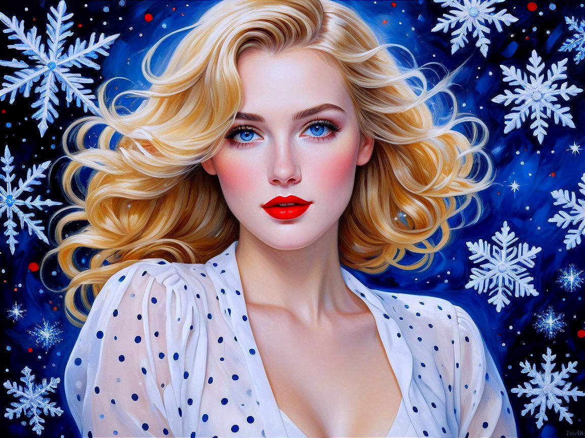 Portrait of a Woman with Blonde Hair and Snowflakes