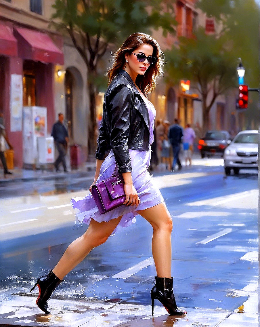 Fashionable Woman in Lavender Dress and Leather Jacket