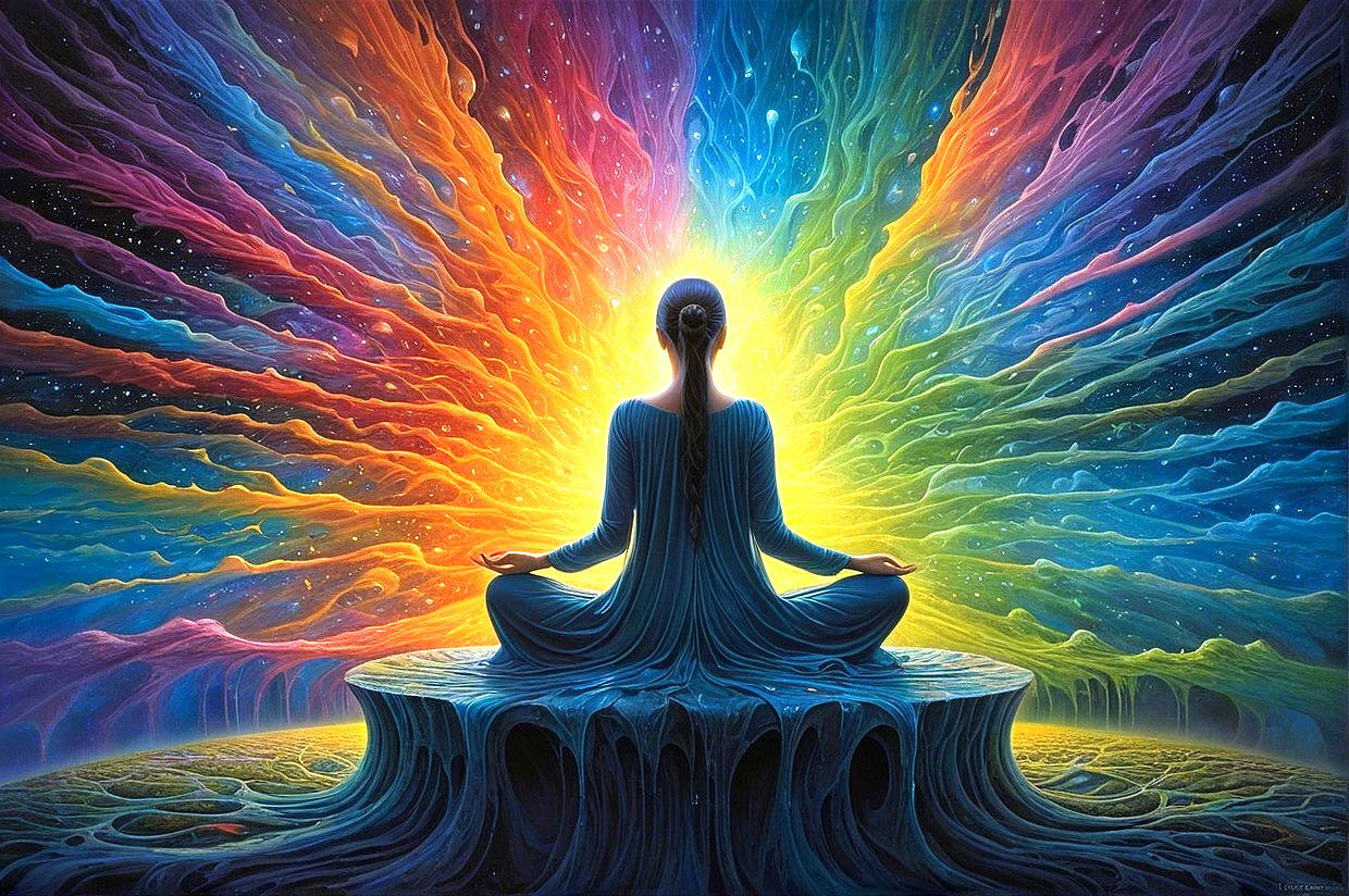 Meditative Figure Surrounded by Vibrant Cosmic Colors