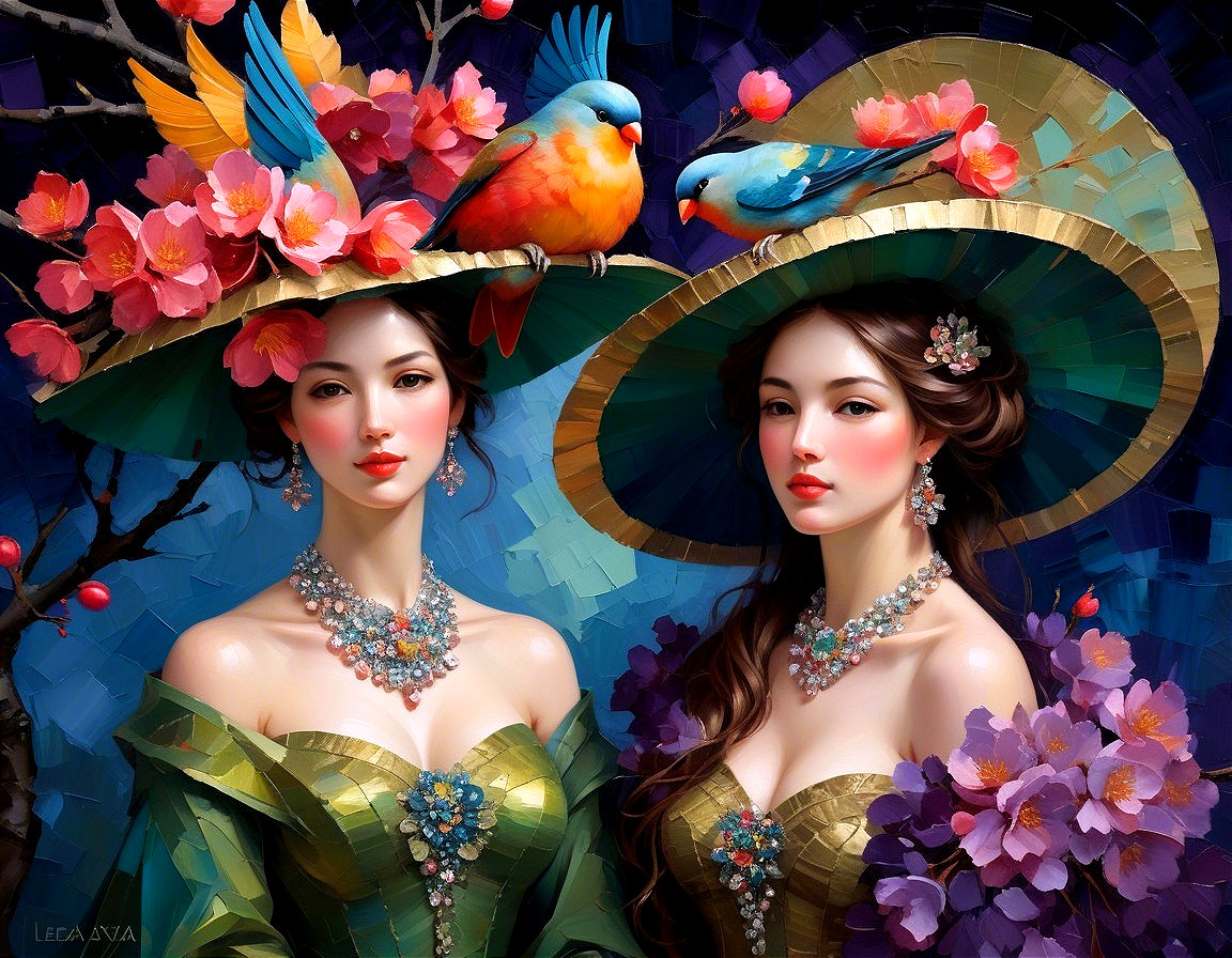 Elegant Women in Floral Hats Surrounded by Flowers