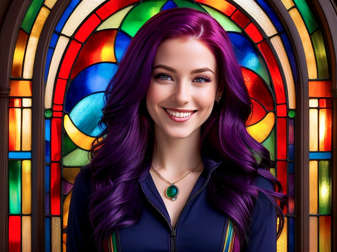 Young Woman with Purple Hair by Stained Glass Window