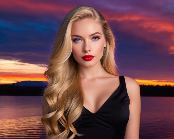 Young woman in black dress at sunset by serene lake