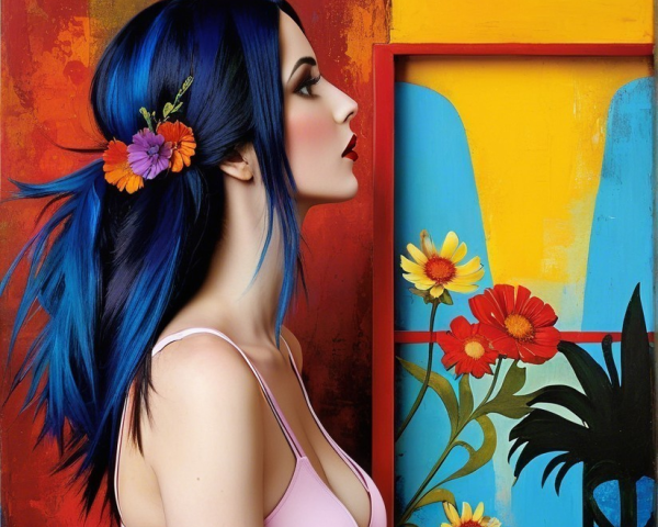 Woman with Blue Hair and Floral Background Art