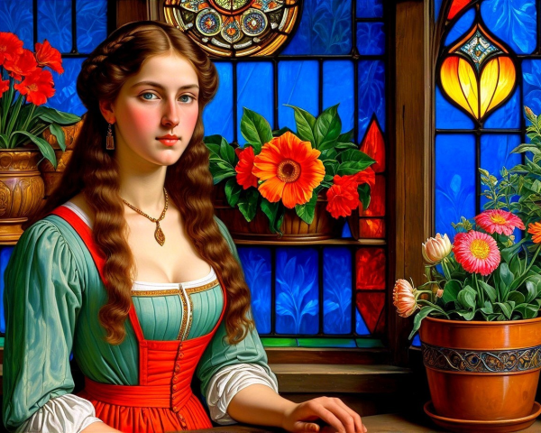 Renaissance Woman in Teal Dress with Stained Glass Background