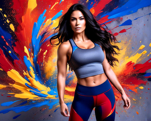 Fitness Model in Gray Sports Bra with Colorful Background